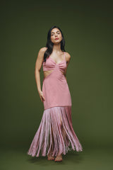 Vestido cut out rosa con flecos