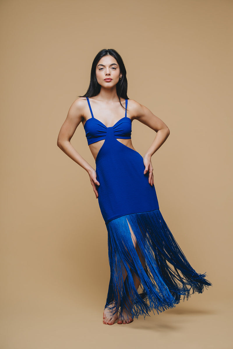 Vestido cut out azul rey con flecos